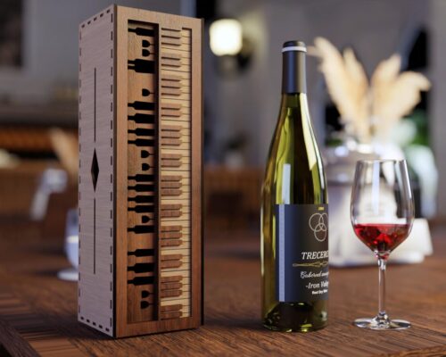 Caja de regalo de madera para botella de vino con diseño de piano - Archivo 3D para corte láser, Glowforge, SVG, DXF