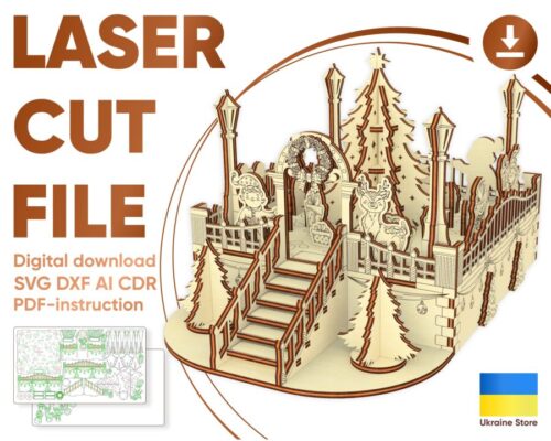 Miniatura Navideña Corte Láser: Cuadrado Festivo con Elfos y Renos para Decoración