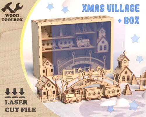Pueblo Navideño con Tren - Archivos Cortados con Láser para Decoración Festiva