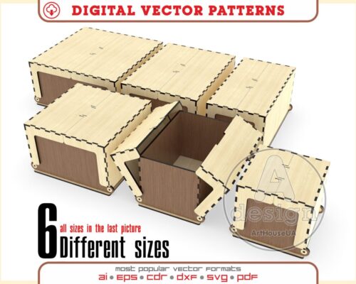 Cajas de Almacenamiento SVG para Corte Láser – Pack de 6 Cajas con Tapa Abatible y Diseño de Regalo