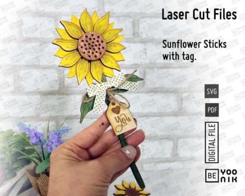 Palo de flor de girasol con etiqueta para corte láser en SVG y PDF - Decoración digital para macetas