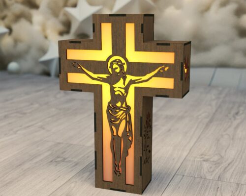 Portavelas Jesús en Lámpara Cruzada - Archivo de Corte Láser SVG DXF AI para Luz Nocturna