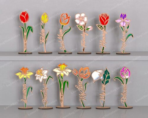 Soporte de madera con flores silvestres - Paquete de 12 archivos SVG y DXF para corte láser CNC