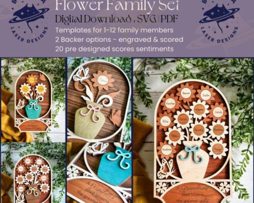 Letrero Personalizado de Flores para Familia de 1 a 12 Miembros - Regalo Día de la Madre - Plantilla SVG/PDF para Corte Láser Glowforge