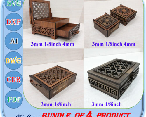 Paquete de caja de madera cortada a láser para 4 joyas - Archivos SVG, DXF, AI para regalos