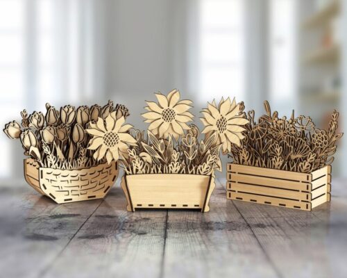Paquete de 3 macetas 3D de madera para decoración, archivo SVG cortado a láser, patrón DXF mandala Glowforge